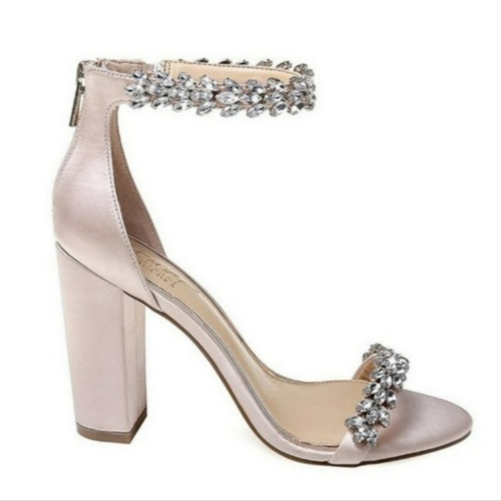 Jewel Badgley Mischka Mayra Sandal Size 7 Champagne Satin Rhinestone Bridal Prom - Picture 4 of 7